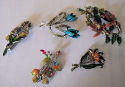 A group of six vintage 20th century costume jewellery silver white metal enamel and marcasite floral