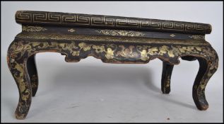 A 19th century ebonised and chinoiserie decorated scholars table top desk table. Raised on shaped