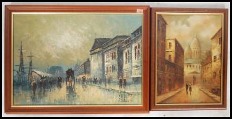 Two vintage 20th century oil on canvas paintings of continental street scenes signed by artists C