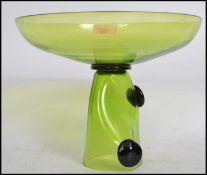Believed Simon Pearce 93 studio art glass tazza. Of green glass construction having embellished