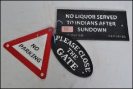 Three vintage style cast iron signs Please Close The Gate, a triangular please close the gate sign