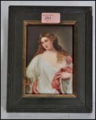 A 19th century oil painting on ceramic tile of a maiden in robes being signed to the corner for A.