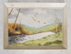 Sw Nelson 1964. A mid century oil on canvas of wildfowl over river being signed to the corner and in