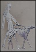 A silver Art Deco style brooch in  the form of a lady walking her dog having pin to verso. Stamped
