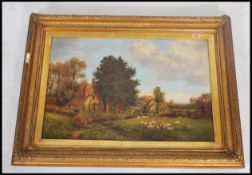 J Bonny 1909. An Edwardian large oil on canvas painting of a farmhouse scene with animals set within