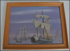 Vincent Neave 88. A watercolour on board painting of tall ships at harbour with lighthouse and