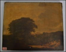 A 19th century English School oil on canvas painting of a woodland track scene with lady in shawl,