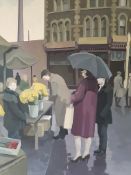 A 1960's abstract oil on board study of a street scene - flower seller bearing examination labels