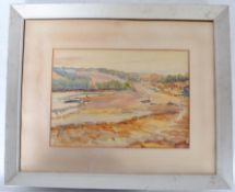 A framed mixed media pen and ink water colour painting of an estuary with beach and ship scene