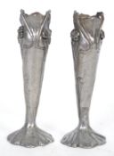 A pair of stunning Art Nouveau inspired miniature silver plated vases of trumpet form. Stamped to