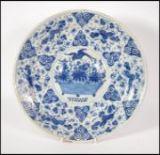 An 18th century delft charger in blue and white having bulbous roundel centre to the circular