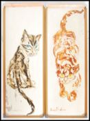 A pair of 20th century oil on hardboard painting studies of cats signed by artist Anne Hudson to