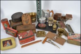 A mixed lot to include vintage advertising tins, brass and copper wares, etc. Please see images.