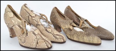 2 vintage pairs of ladies stage shoes - dress shoes being upholstered in snakeskin. Both marked to