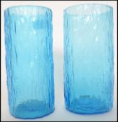 A pair of vintage retro blue art glass bark effect vases in the manner of Geoffrey Baxter for