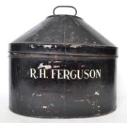 A large military black painted metal hat box with hinged internal fittings by Fishers of Woolwich,