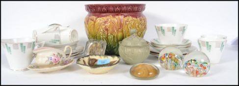 A good collection of ceramics and glassware to include paperweights, a part Deco tea service,