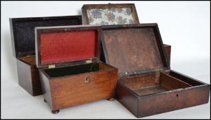 A good group of four Victorian tea caddy storage boxes one of mahogany construction in sarcophagus