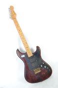 A vintage Ibanez 6 sting electric guitar. Stratocaster shape, with maple neck and 3 single coil