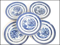 A rare set of 10 18th century Chinese blue and white willow pattern plates. Each with scenes of