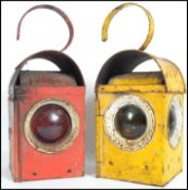 Two industrial road / railway 3 aspect hanging oil lamps complete with inner trays and original