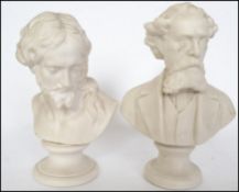 A Parian ware portrait study bust on socle plinth of Dickens together with another classical bust on