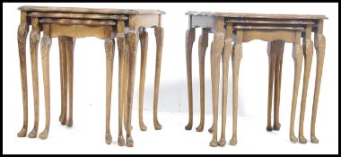 A matched pair of walnut Regency antique style nests of table, each raised on cabriole legs with