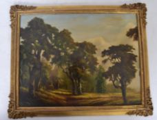 An oil on board painting of a woodland scene signe