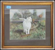 A vintage 20th century pastel painting picture of a white cat in an outdoor setting set in a good