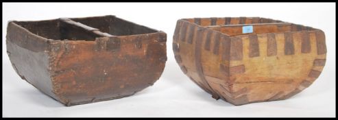 Two vintage 20th century fruit pickers garden trugs of wooden and metal construction with hidden