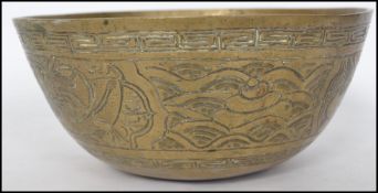 A 20th century Chinese bronze ding bowl, Greek key borders, dragon and birds of paradise chased