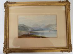 A 20th century water colour painting of Ulswater Lake District Middle Reach depicting fisher men