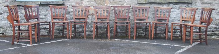A good set of VIctorian beech and elm wood chapel / dining chairs. Raised on turned legs united by