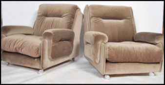 A Kofod Larsen for G-Plan vintage pair of 20th century retro upholstered  ' saddle ' armchairs