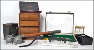 A mixed lot to include watches in a case, clock, mace, camera and an apprentice piece miniature