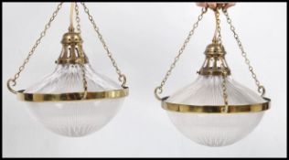 A pair of stunning vintage 20th century glass and brass Empire style ceiling lights, fitted with