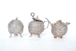 A trio of early 20th century rococo silver ( tested silver believed Continental ) condiments to