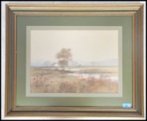 P Hodson 184. A framed watercolour / pastel painting of a meadow  river scene by signed to the