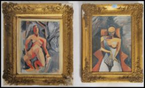 A pair of early 20th century abstract oil on panel paintings of Art Deco male and female nudes. Each