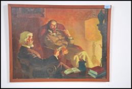 A framed oil on board of two two gentlemen seated