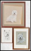 A group of artwork of white Scottie dogs two inclu