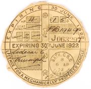 EXTREMELY RARE EARLY 1922 TAX DISC