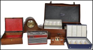 A vintage early 20th century English mantel clock together with a retro Roberts radio, workbox,