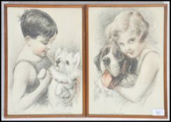 A pair of framed and glazed pastel pictures, both pictures of children with dogs one being a St