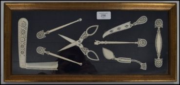 A collection of 19th century carved and turned ivory sewing equipment contained within a glass