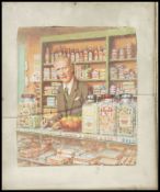 A framed and glazed vintage 20th century water colour painting picture titled ' Shop Pantry '