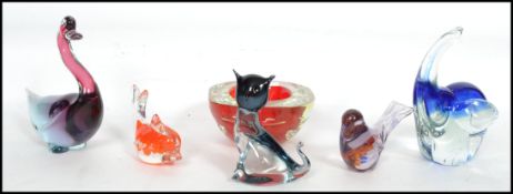 A collection of six vintage / retro mid century studio Murano glass animal sculptures to include