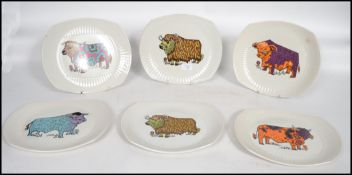 A set of 6 1970's English Ironstone, Beefeater steak and grill plates depicting bulls in different