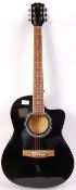 An XS Music Fidelity made 6 string acoustic guitar. Black body, with rosewood type neck and faux