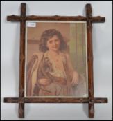 A study of a maiden holding a monkey eating fruit set on a good arts and crafts oak frame.
